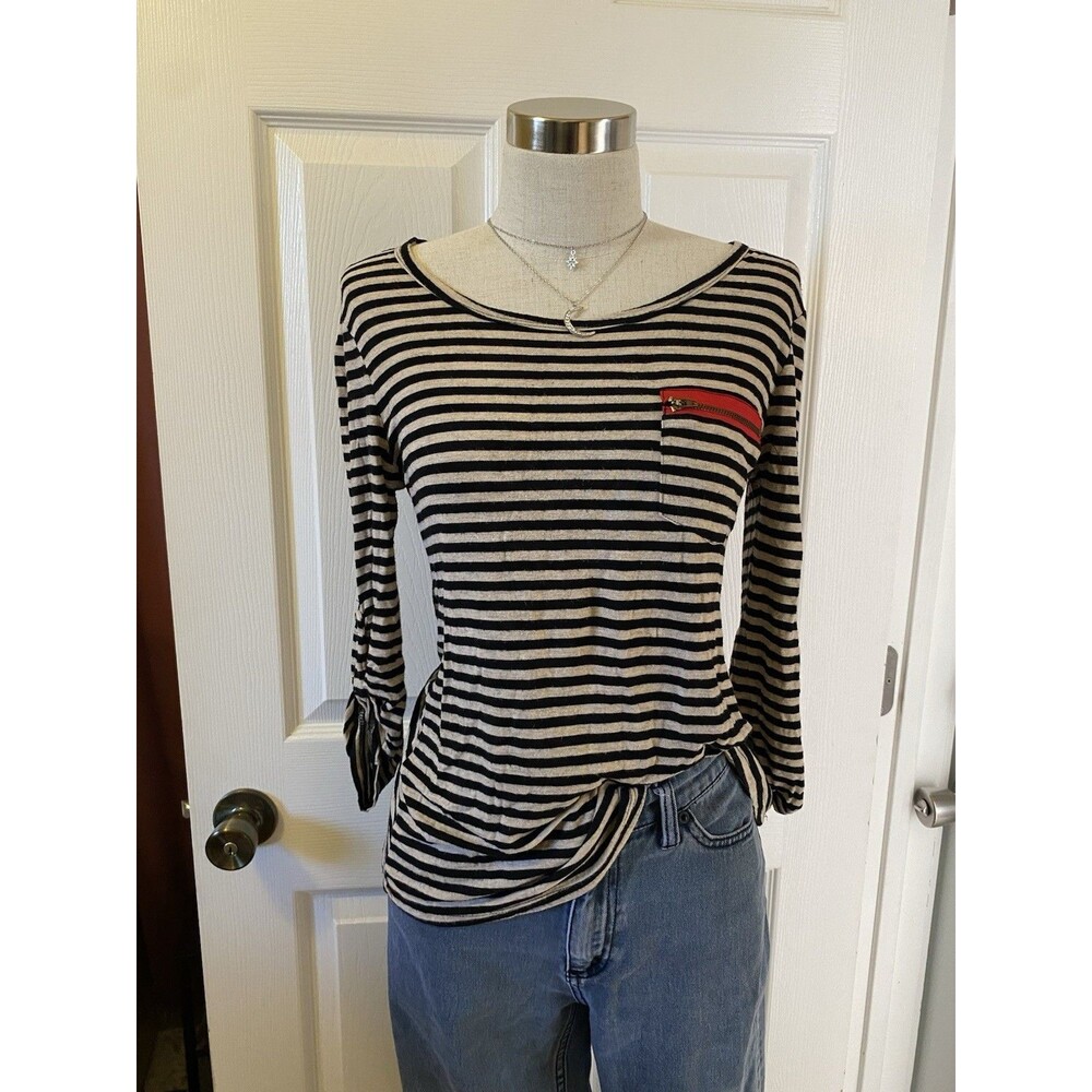 OBOE Women's M Black Beige Striped  Scoop Neck Distressed Top Red Zip Pocket